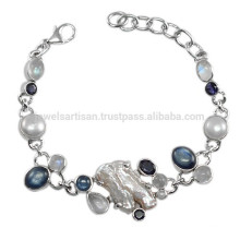 KYANITE IOLITE &amp; BIWA PEARL GEMSTONE COM 925 STERLING SILVER DESIGNER E BRACELETE À MÃO